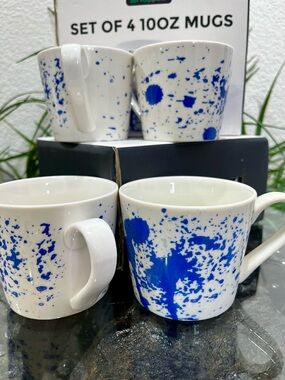 Set of 4 Ceramic Mugs with Blue Indigo Splatter - ServaPetit